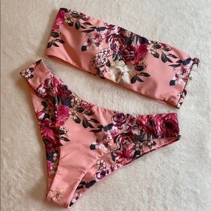 Pink Floral Zaful Strapless Bikini Set